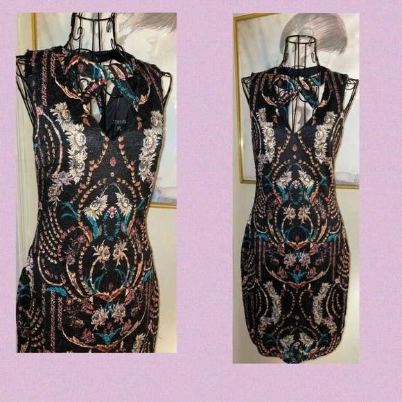 GUESS "CUTAWAY NECK" BLACK FLORAL PRINTED LACE COVERED DRESS~SLEEVELESS~SIZE 4 - Picture 6 of 7